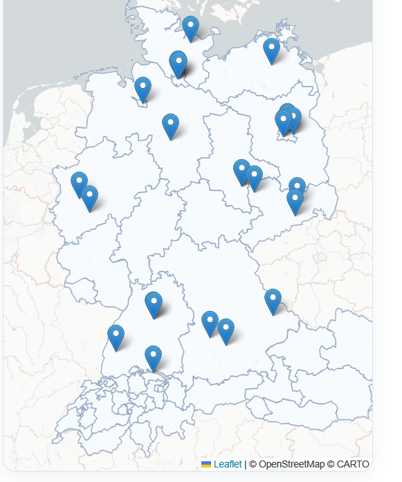 Demoseite Organisationen 7 Deutschlandkarte mit mehreren normalen blauen Profil-Pins