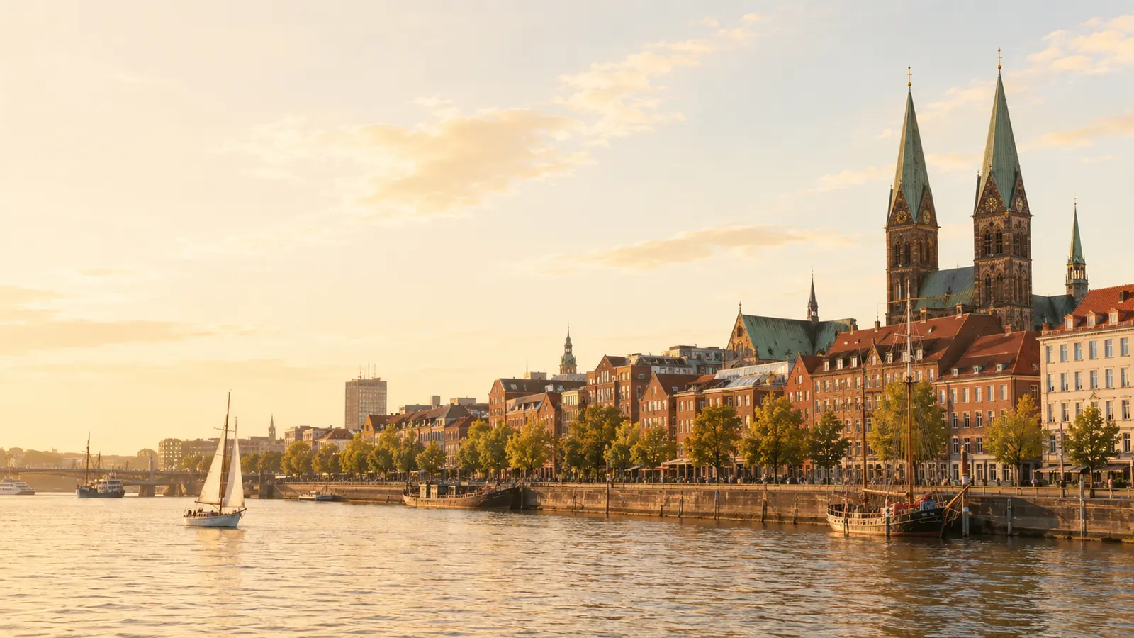 Bremen mit historischer Stadtansicht im warmen Abendlicht