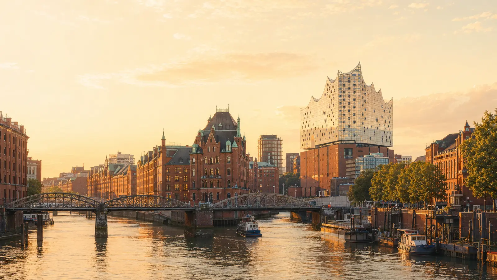 Hamburger Stadt- und Hafenlandschaft im warmen Abendlicht