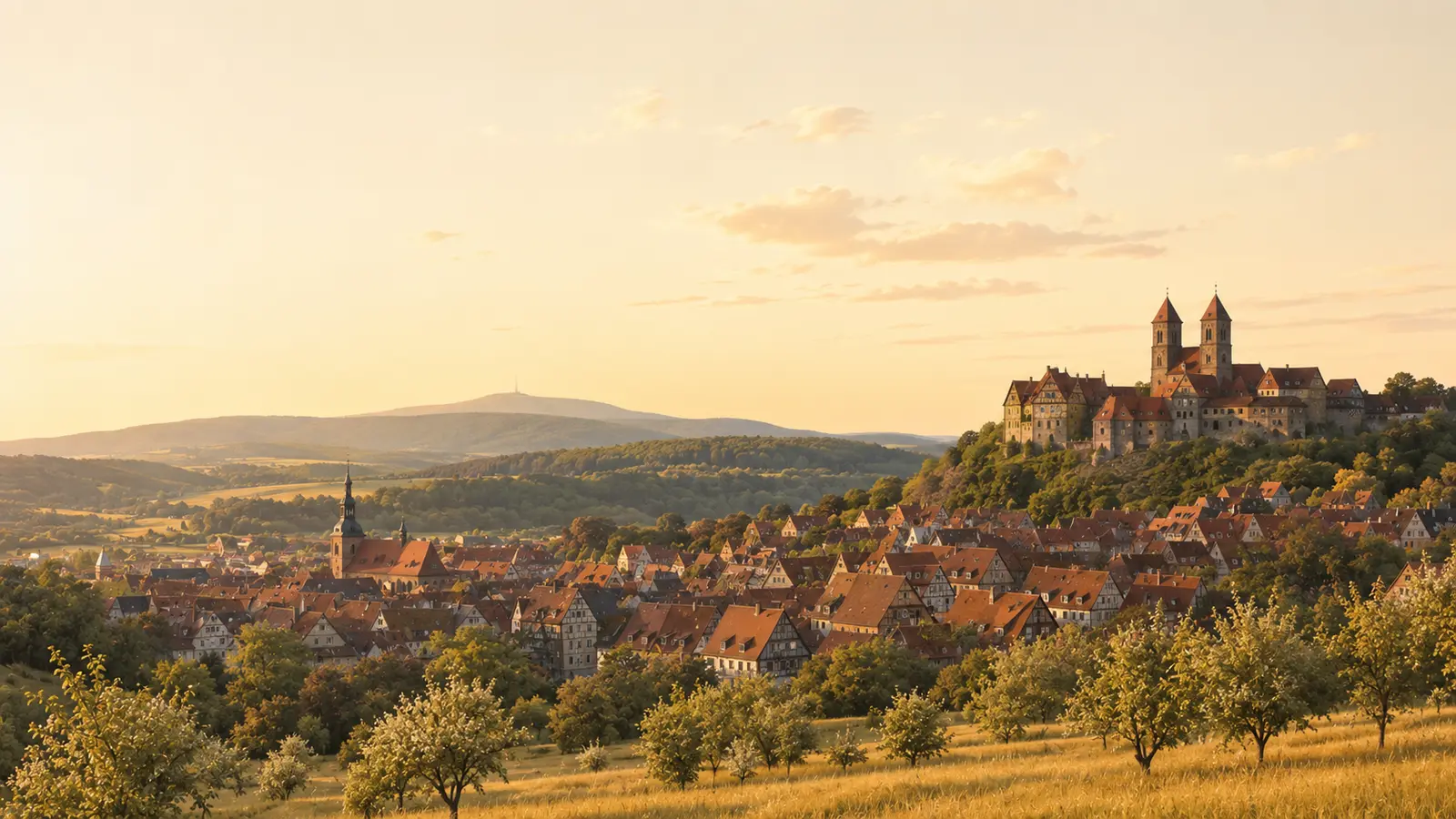 Historische Stadt- und Burglandschaft in Sachsen-Anhalt im warmen Abendlicht